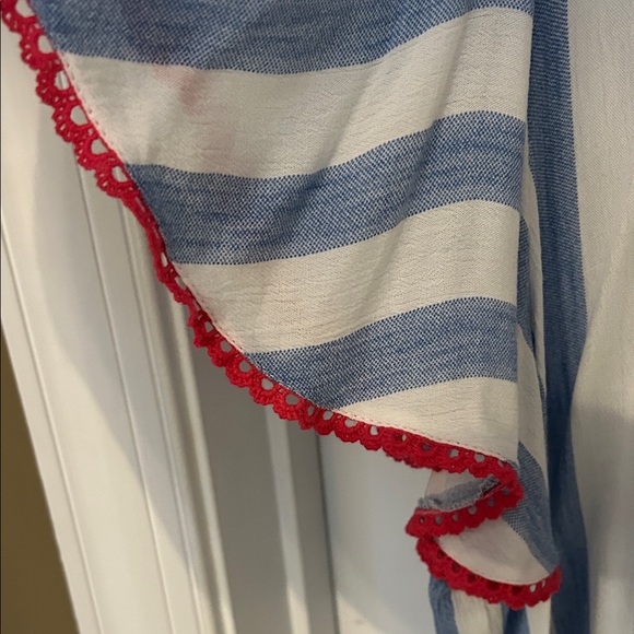 ANDREE BY UNIT Blue and White Striped Blouse with Red Floral Embroidery - Picture 7 of 8